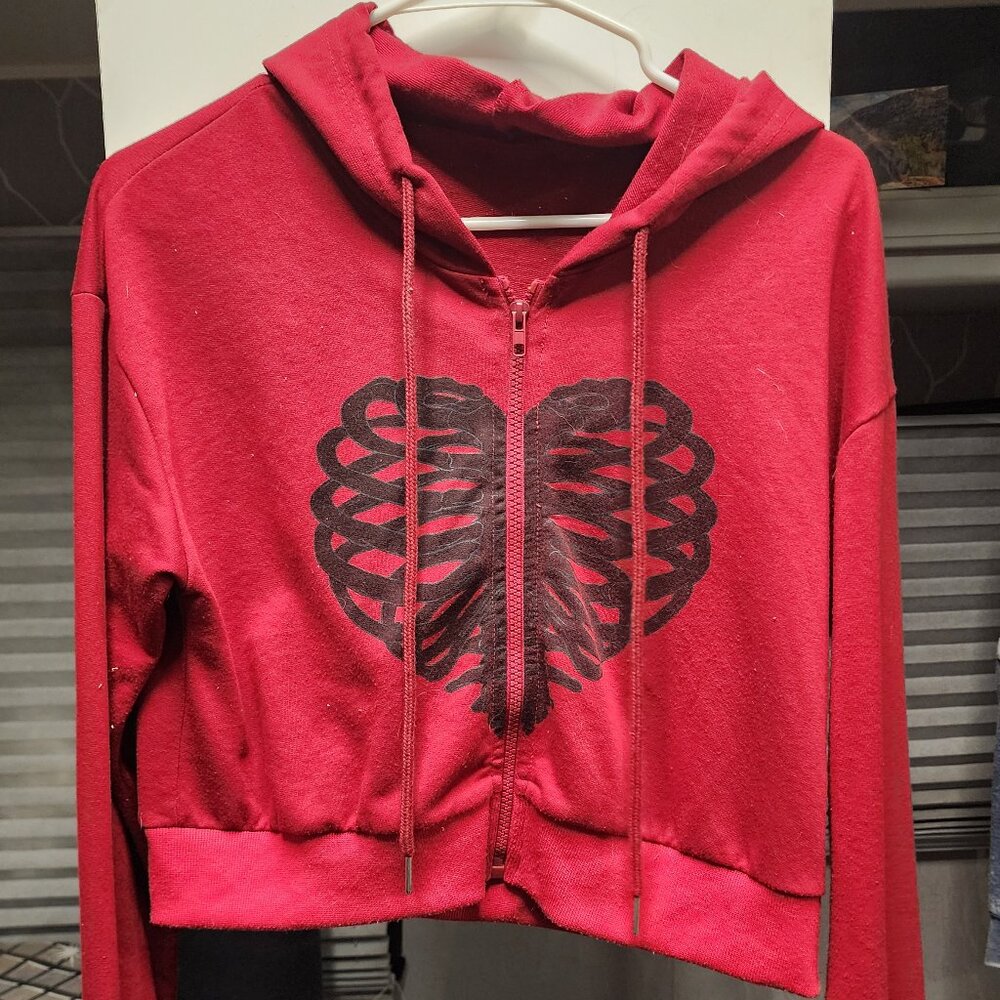 Red Heart Skeleton Ribcage Crop Zip Up Hoodie Size Small